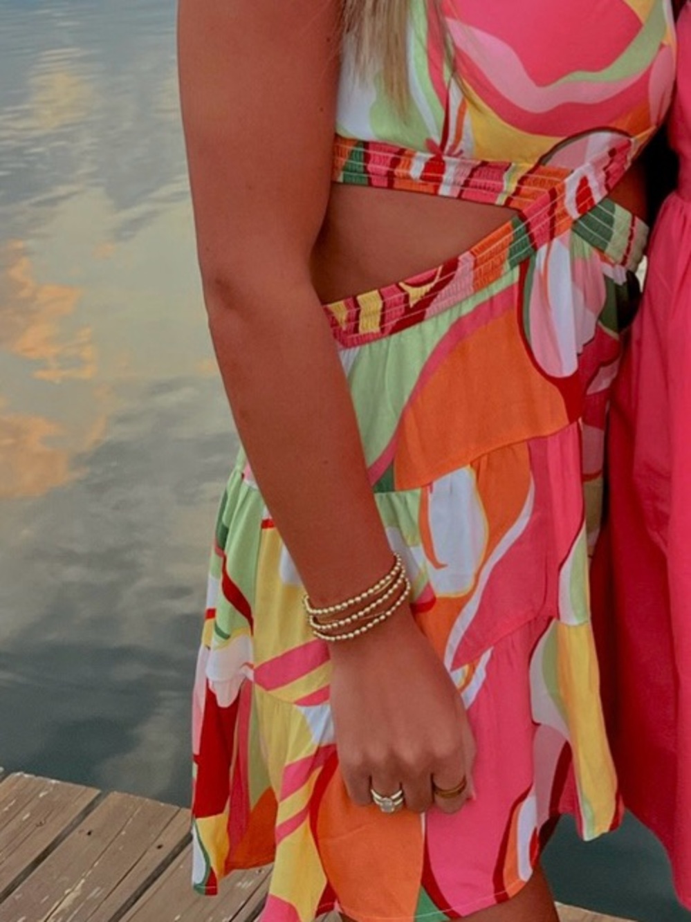 Colorful Cutout Summer Dress - Pink, Orange & Green Print